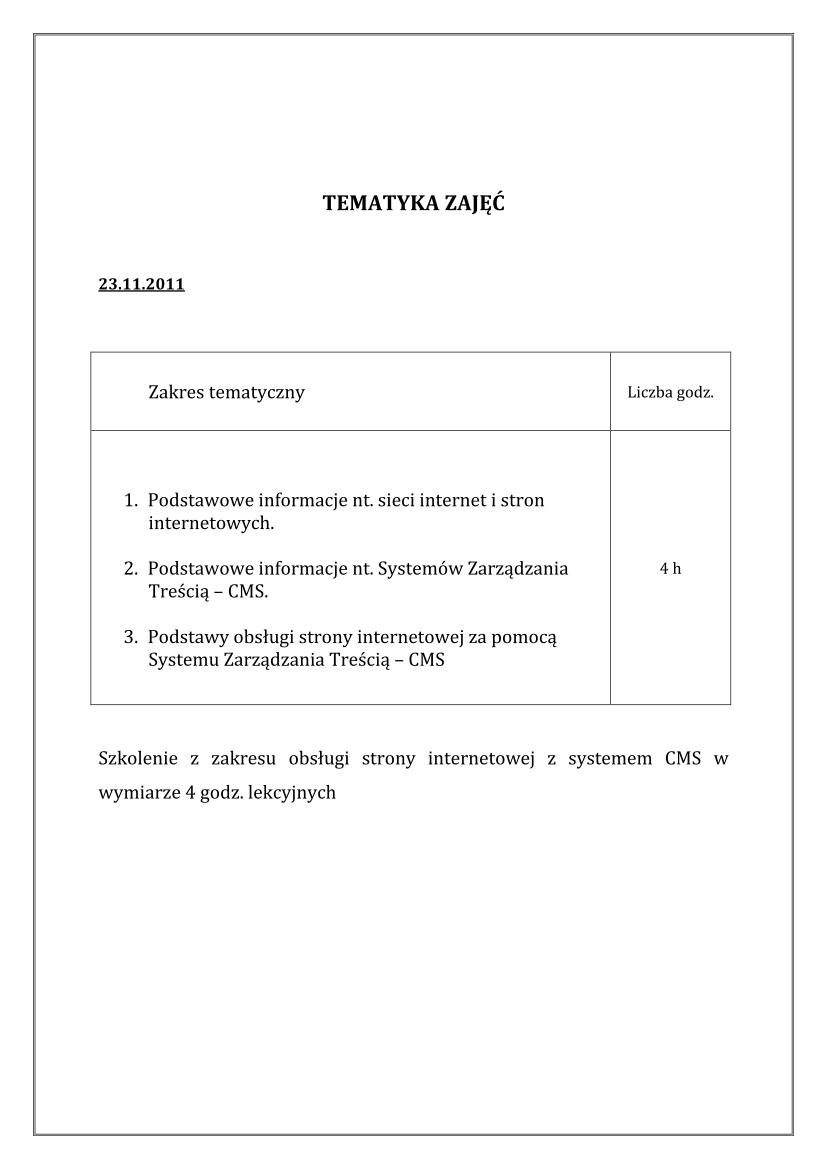 Tematyka zajęć Tematyka zajęć